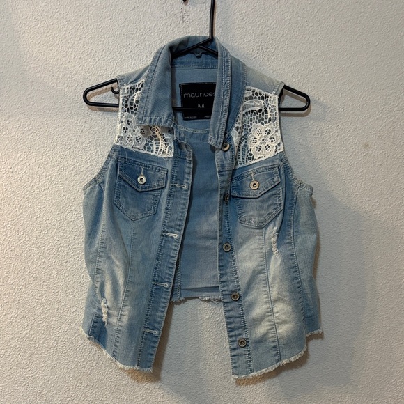 Maurices Light Blue Denim Vest with White Lace - Picture 1 of 6
